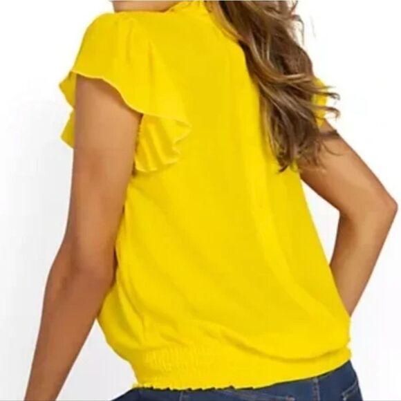 New York & Company Yellow Ruffled Mandarin Collar Blouse. Colorful. Bright. - Picture 1 of 12